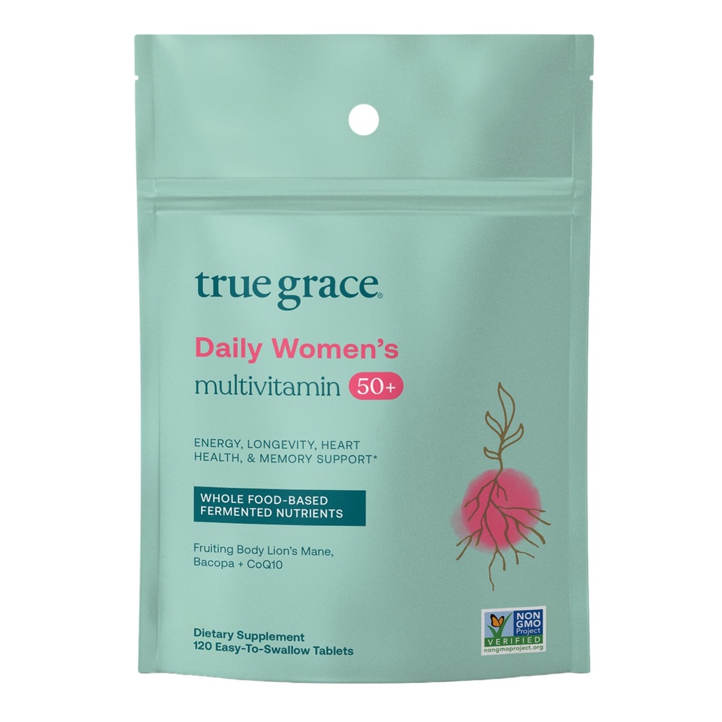 True Grace Daily Womens Multivitamin 50+ - 120 Easy-to-Swallow Tabletter - Immune, energi, lang levetid og minnestøtte - Vegan - Gluten, Soya og jern gratis - 60 Services
