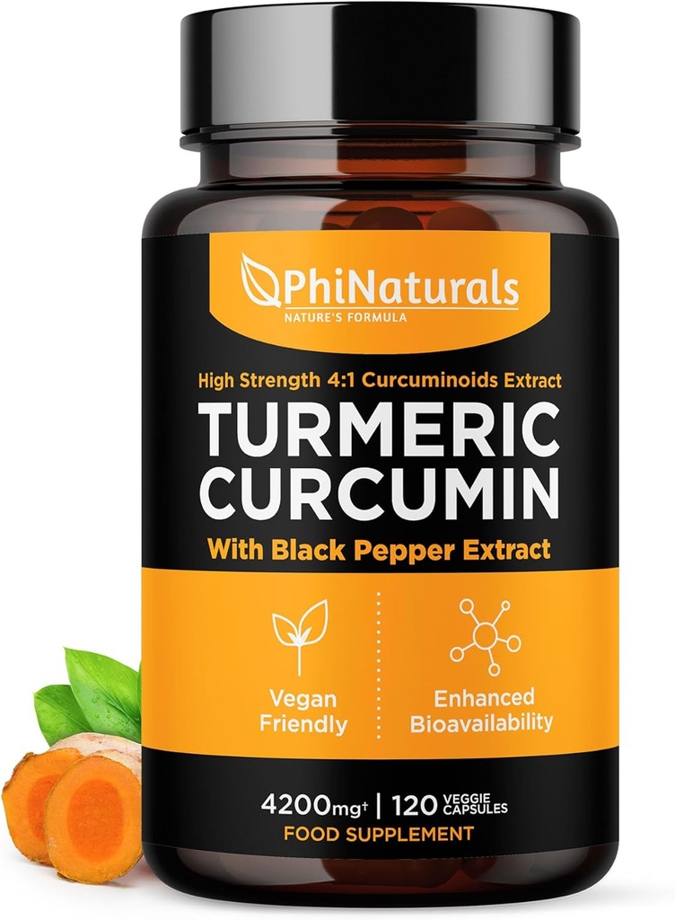 PhiNaturals gurkemeie curcumin Supplement med svart pepper ekstrakt - 4200 mg hele curcuma rot tilsvarende per 3 kapsler servering - tumeriske piller