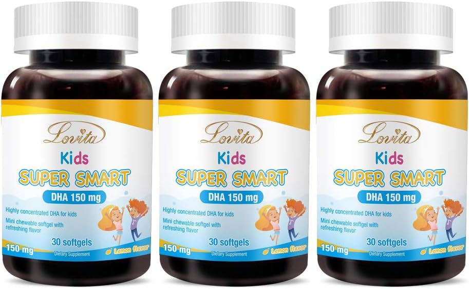 Lovita Kids Super Smart DHA, 150 mg DHA og 30 mg EPA av Omega 3 fettsyrer, støtter hjernens helse, naturlig sitronflavor, 30 Chewable Softgels (pakke av 3)