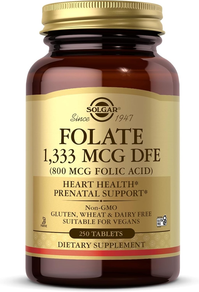 Solgar Folat 1,333 mcg DFE (Folic Acid 800 mcg) - 250 tabletter - Prenatal støtte - Ikke-GMO, Vegan, Glutenfri, Dairy Free, Kosher - 250 serveringer