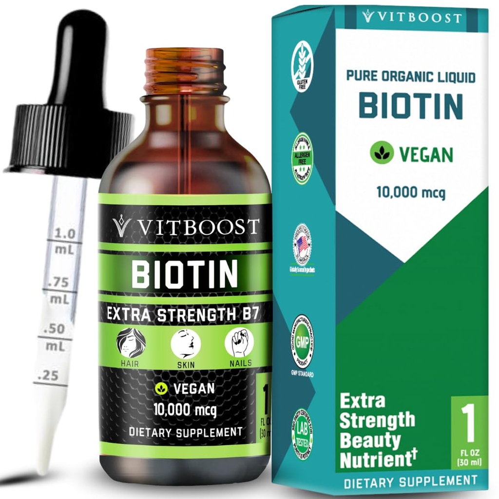 Ekstra styrke 10 000mcg Biotin flytende dråper med organisk berry flavor | 60 serveringer | Vegan formel støtter hårvekst, sterke negler, sunn hud | NO kunstige preservatives