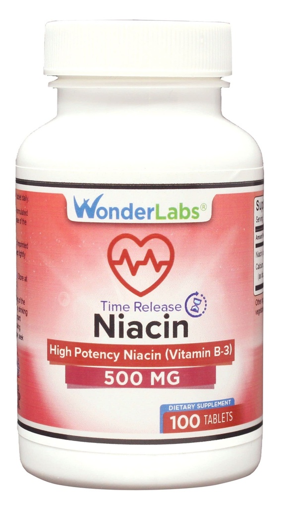 Wonder Laboratories High Potancy Time Release Niacin (Vitamin B3) 500 Mg 100 tabletter ikke-GMO, Glutenfri Supplement