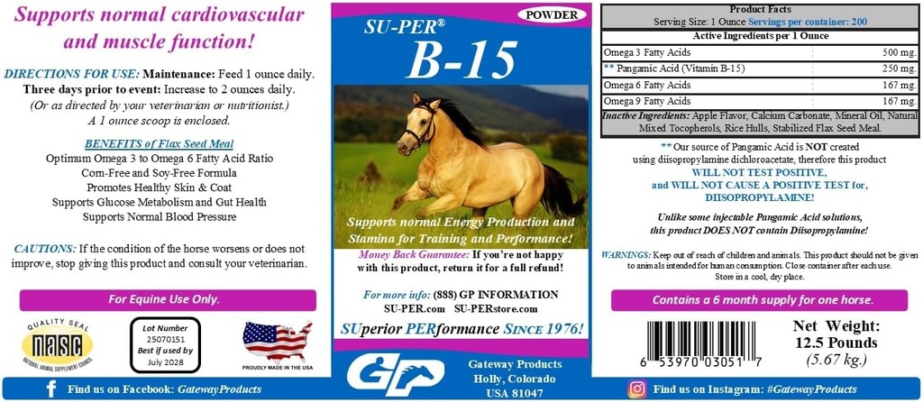 SU-PER B-15 vitamin Supplement for hester - Equine vitamin B-15 pulver for ytelsesstøtte - 12,5 pund, 6 måneders forsyning