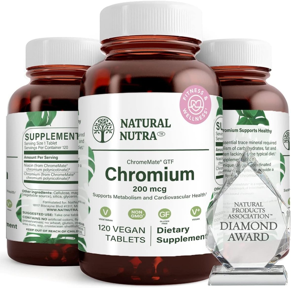 Naturlig Nutra GTF krom polynikotinate med kromMate, støtter kroppsmetabolisme, støtte hjertehelse, opprettholde kroppsfettnivå, forbedre digestion, kardiovaskulær helse, 200 mcg, 120 vegantabletter
