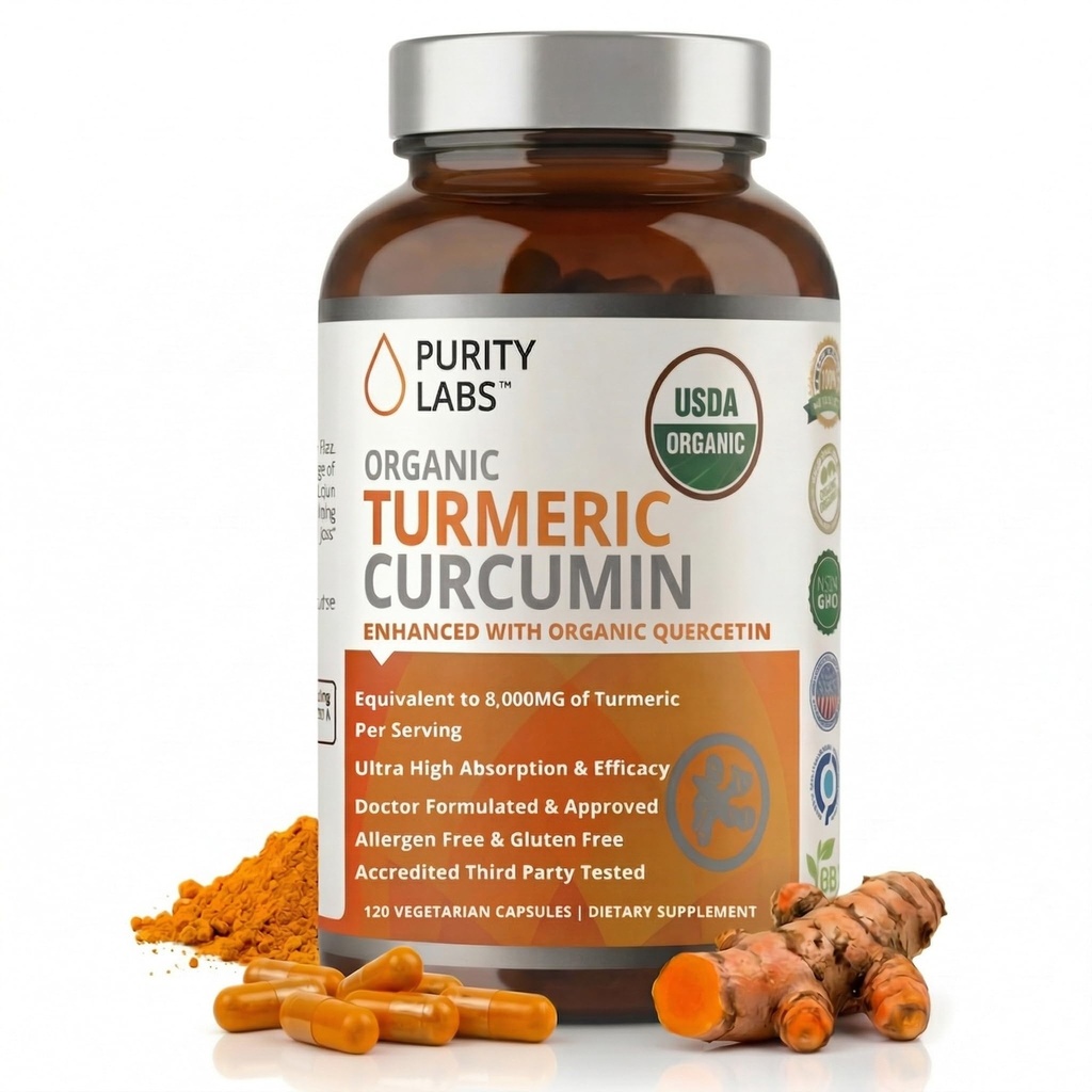 Purity Labs Organic Turmeric Curcumin Supplement med Piperine 2,250 MG/Serving Curcuminoids Turmeric Supplements, Antioksidant Joint Pain Relief, Muskel- og hjernestøtte - 120 Kapsler