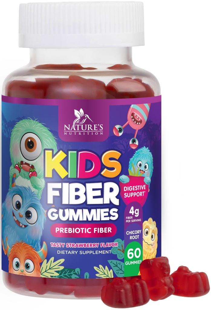 Fiber Gummies For Kids, Daglig 4g Gummy Fiber Supplement, Prebiotiske Digestive Helse Support - Naturens Plante Basert Oppløselig Fiber, støtter regularitet og Digestion for Kids Non-GMO - 60 Gummies
