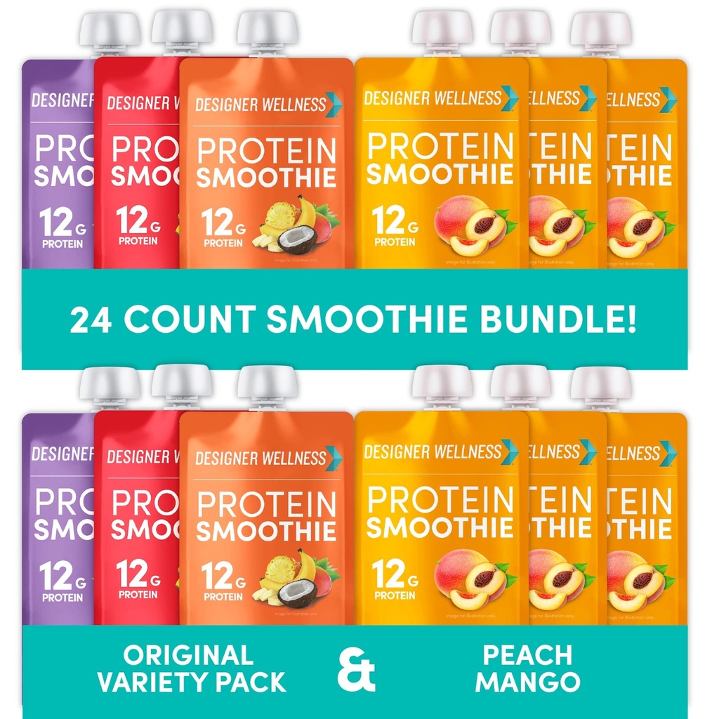 Designer Wellness Protein Smoothies Origignal Variety Pack og Peach Mango Bundle