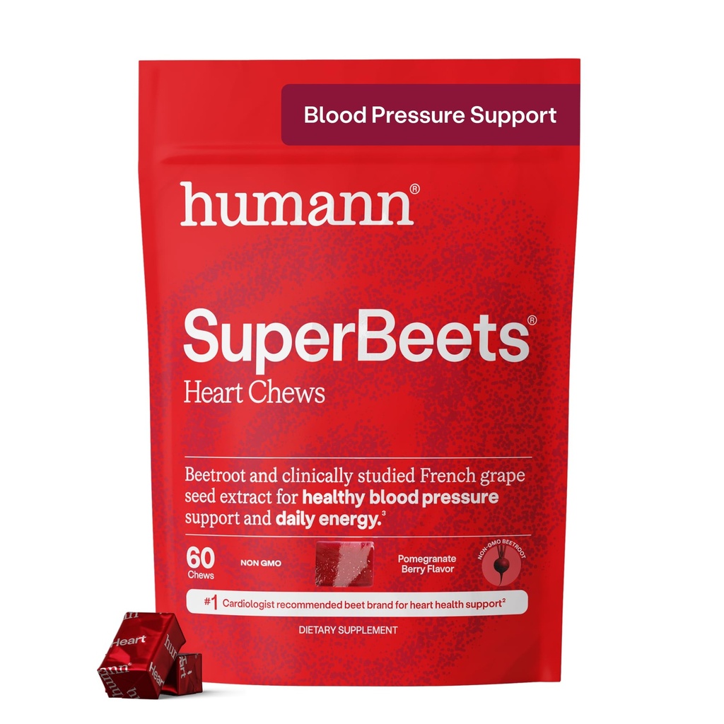 Humann SuperBeets Heart Chews, Beet Root pulver støtte energi Supplement, Nitric Oxid og blodtrykksstøtte, Grape frø ekstrakt & ikke-GMO, hjerte helse, Pomegranate Berry Flavor, 60 greve