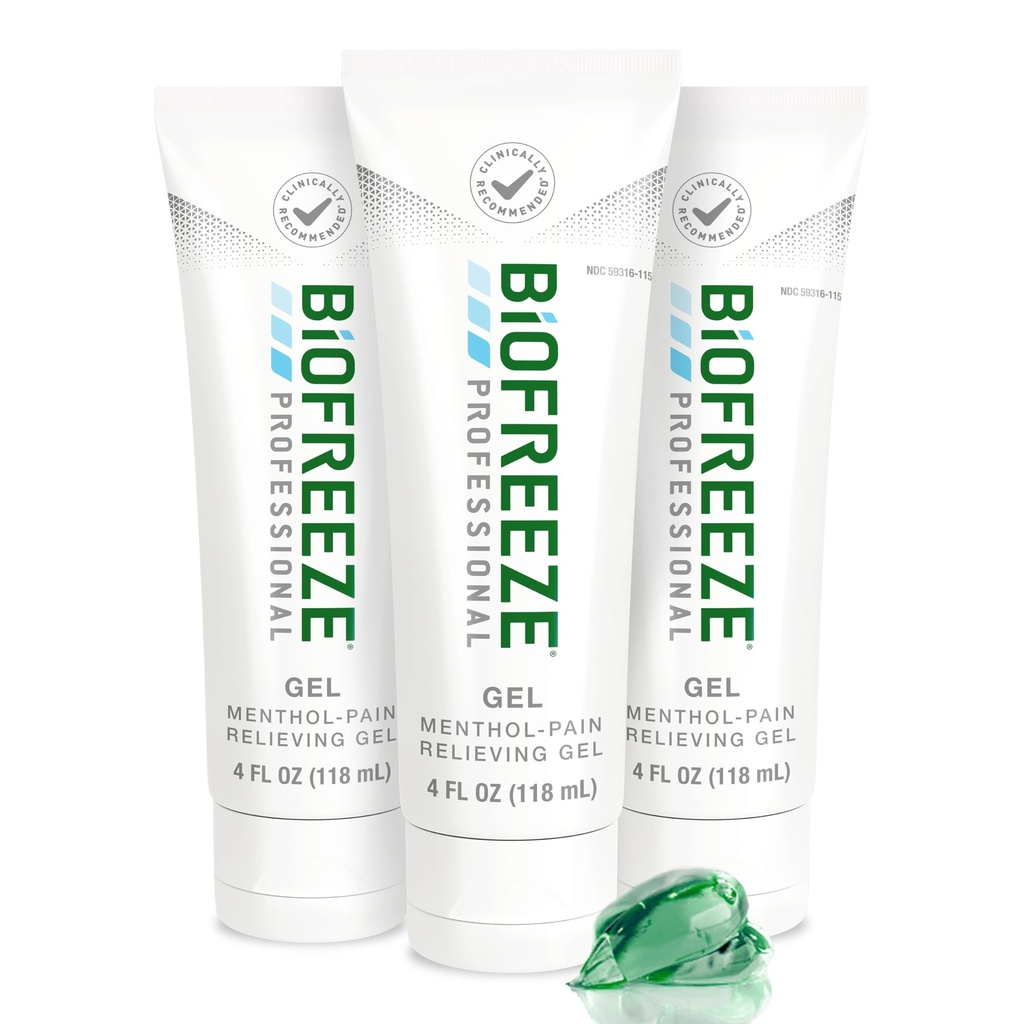 Biofreeze profesjonell smertelindring Gel, 4 oz Tube (3-Pack) - Rask, kjøling Relief for ledgikt, muskelsorg, ledd, rygg, hals, knesmerter og mer