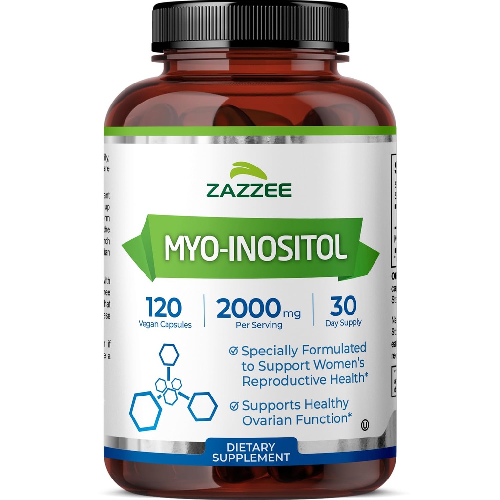 Zazzee Myo-Inositol kapsler, 2000 mg per servering, 120 vegansk kapsler, ideell dosering for 40:1 forhold, 100% vegetarisk, hormonbalanse og sunn ovarian funksjon støtte, alle naturlige og ikke-GMO