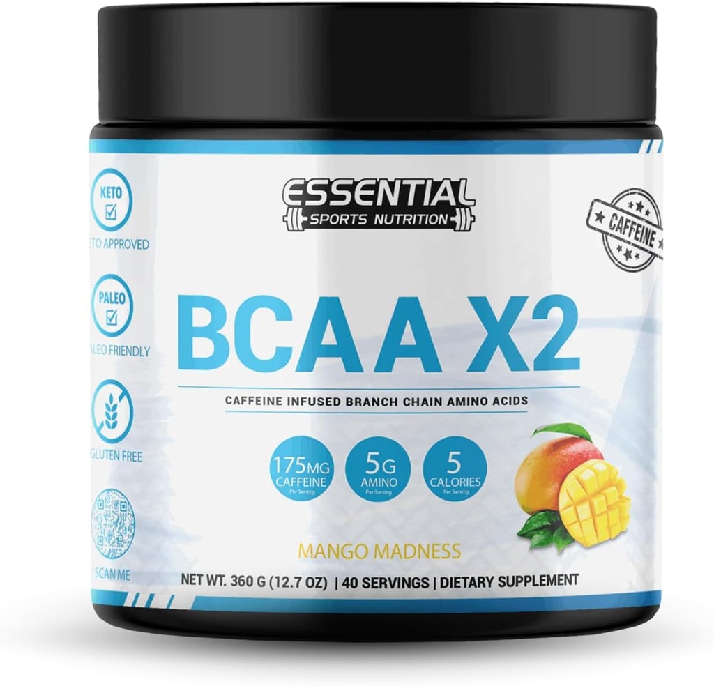 BCAAer med 175 mg koffein | 40 servering | Keto-godkjent, ikke-GMO, Glutenfri Supplement | Peach-Mango Flavor