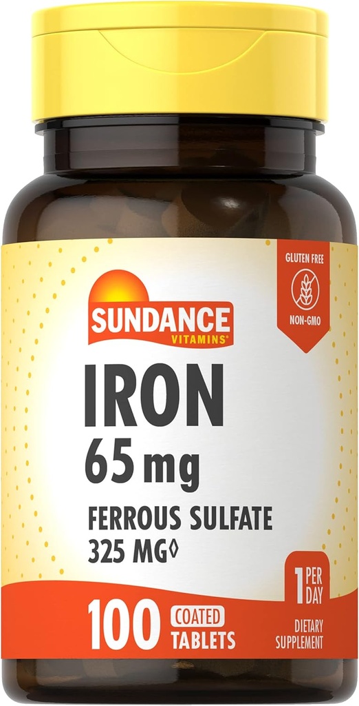 Sunance Iron Supplement Ferrous Sulfate 325mg | 100 tabletter | Vegetarisk, ikke-GMO, og Glutenfri