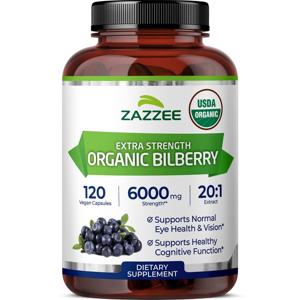 Zazzee USDA Organic Bilberry 20:1 Ekstrakt, 6000 mg Styrke, 120 Vegan Capsules, 4 måneders forsyning, standardisert og konsentrert 20X ekstrakt, 100% vegetarisk, all-naturlig, ikke-GMO, laget i USA