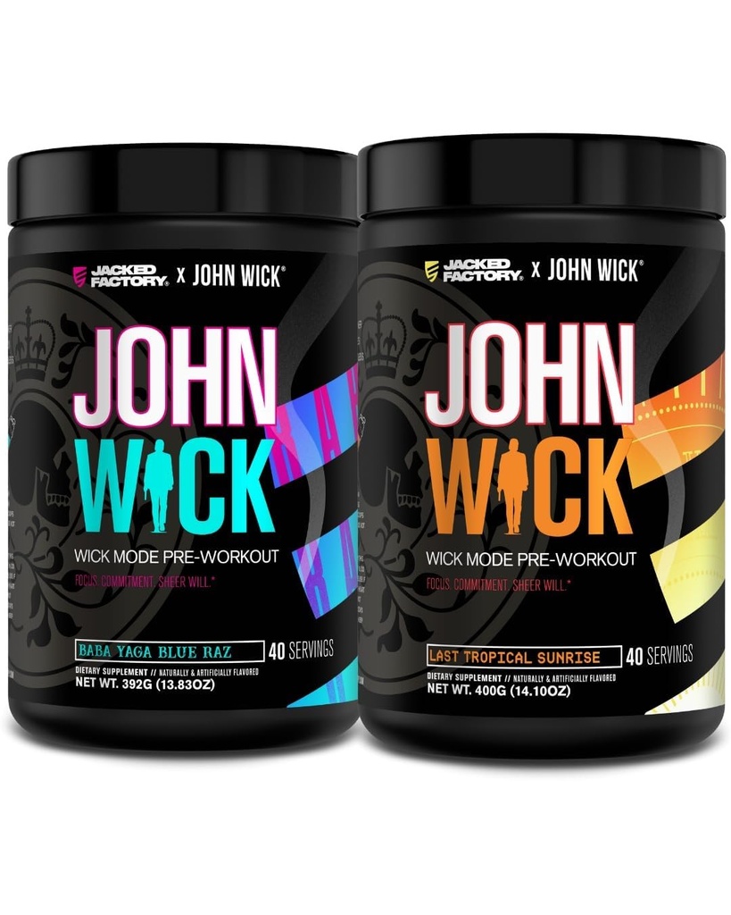 Jacked Factory X John Wick - Wick Mode Pre Workout pulver - Intense Energy, Battle-Ready Focus, Unstoppable Forpliktelse, og Sheer Will - Baba Yaga Blue Raz & Last Tropical Sunrise