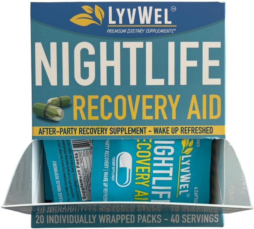 LyvWel Nightlife Recovery Carton | Rapid Morning Rejuvenation, Liver Support | DHM, Electrolytes, B-vitaminer - 20 Pakker, 40 Serverer