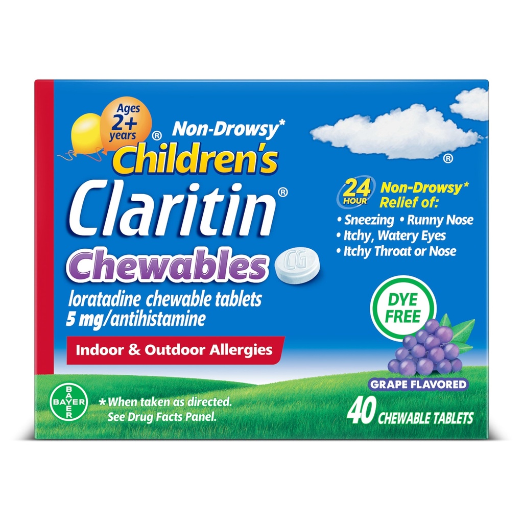 Claritin Barns Allergi medisin, 24-timers ikke-Drowsy Loratadine 5mg Chewable Tablett, Antihistamin for barn alder 2 år og eldre, Grape Flavored, 40 tabletter