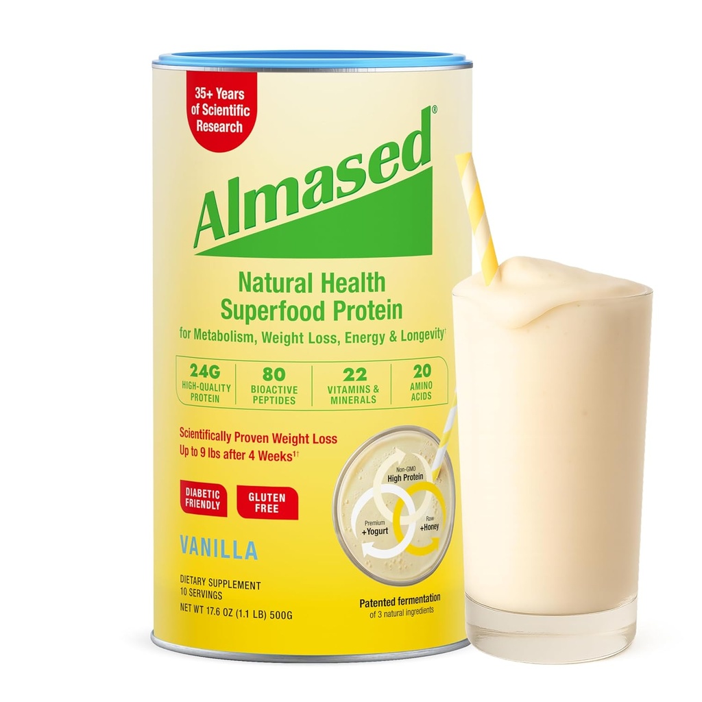 Almased Vanilla måltid erstatningsshake - lav-glykemisk høy plantebase protein pulver - ernæringsmessig vekt helse støtte supplement - Vanilla Flavor - 17,6 oz (1,1 pund)