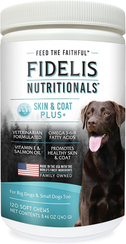 FIDELIS Hud & Coat Plus + Hunde Hud & Coat Supplement, Omega 3, Vitamin E, Salmon olje for hunder, fettsyrer, sunn hud, skinnende Coat, voksen, stor og liten, laget i USA, Grønnsaker Flavor, 120 myk Chews