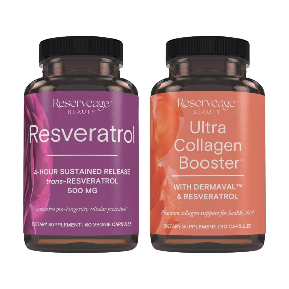 Reservasjon Resveratrol & Ultra Collagen Booster - Resveratrol & Collagen Kapsler for Cell & Skin Support - Funksjoner Dermaval - 60 Kapsler, 90 Ultra Collagen Booster Kapsler