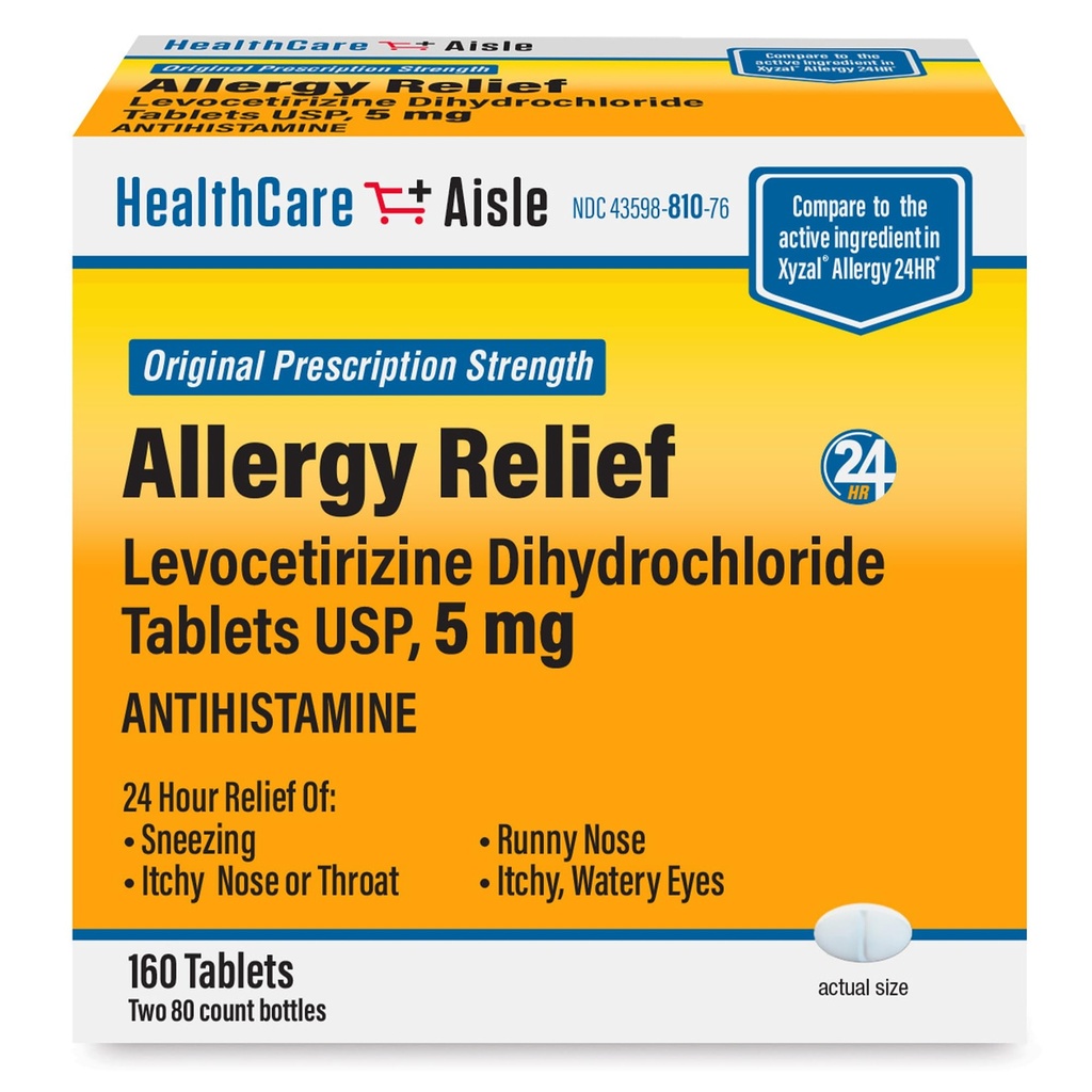 HealthCareAisle Allergy Relief - Levocirizine dihydroklorid tabletter USP, 5 mg, 160 tabletter, opprinnelige reseptbelagt styrke Allergi medisinering, 24-timers relief, 80 tall (Pack of 2)