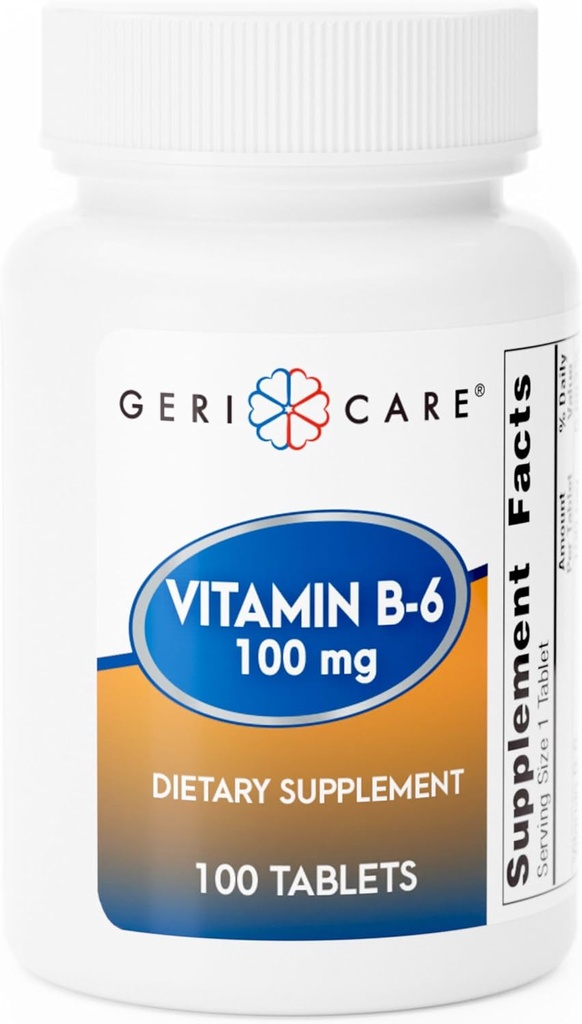 GeriCare Vitamin B-6 100mg, 100 tabletter – Daglig ernæringsstøtte for sunn hjernefunksjon, Mood Enhancement, sirkulatorisk helse og metabolisme – bidrar til å bekjempe tretthet og fremme generell helse