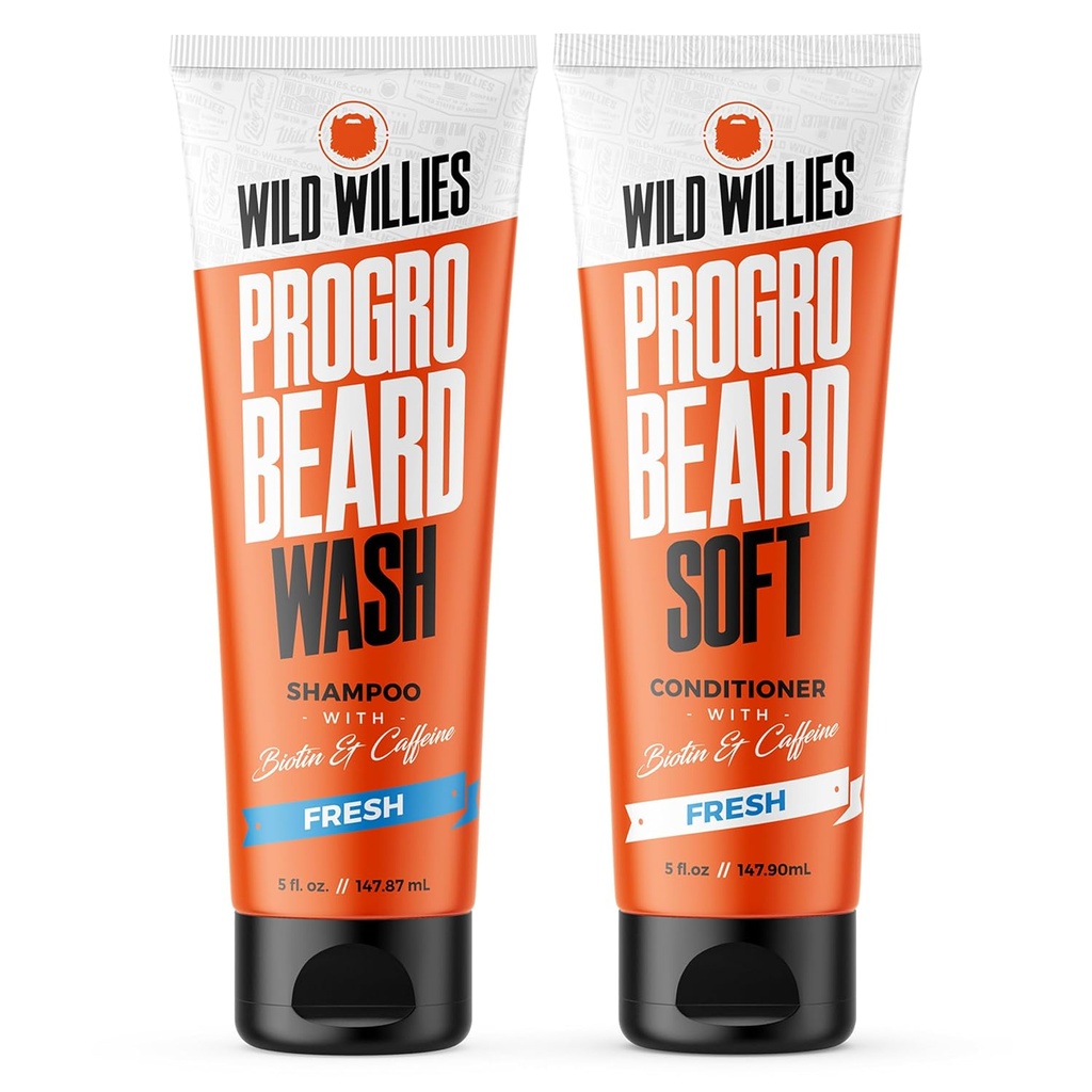Wild Willies PROGRO Skjegg Shampoo og balsamsett - Forsterket w / Caffeine & Biotin - Styrking, Flake-free, Moisturizing Beard Vaske og balsam for menn, 2 x 5oz Rør