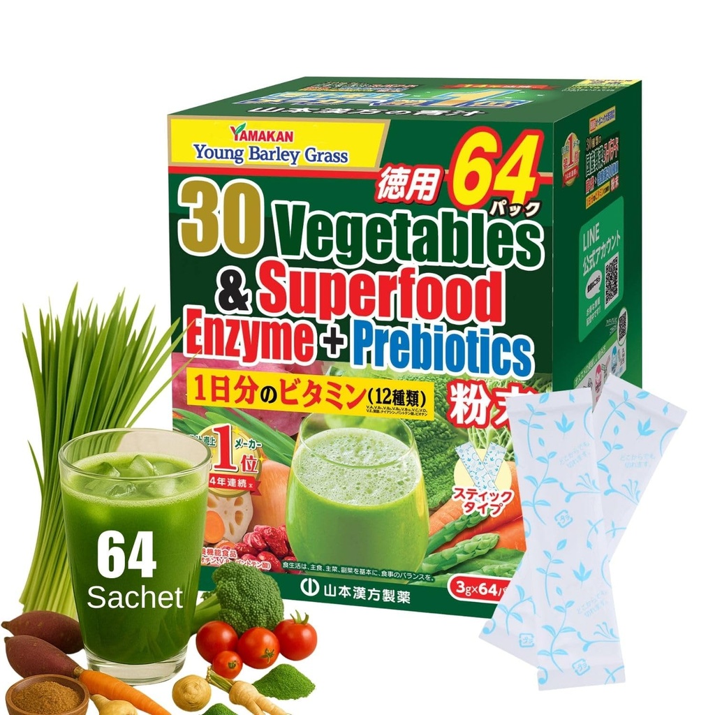 Yamamoto Kanpoh YAMAKAN Grønn Superfood pulver med prebiotiske Fiber & Enzymer for Digestion, 30 Veggies & unge Barley Grass Juice blanding fra Japan, Gut helse for kvinner og menn, 64 pakker
