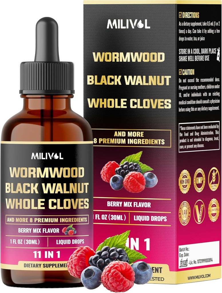 11in1 svart Walnut Wormwood Tinktur Ekstrakt med hele klover, Berberine og 8 mer - 2 måneders forsyning - 1 fl Oz - Berry Mix Flavor
