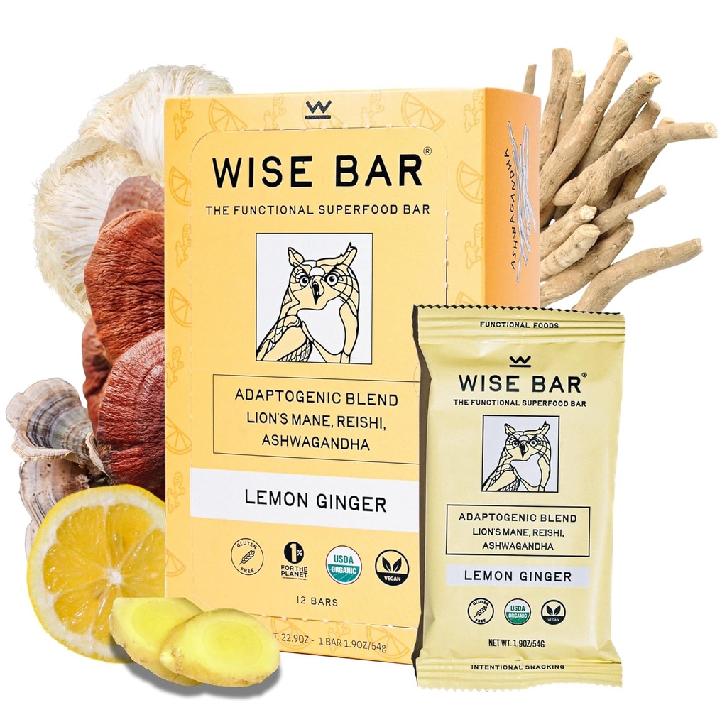 Wise Bar Adaptogen Mushroom Ernæring Barer med Reishi, Lions Mane & Ashwagandha, Økologisk Vegan & Glutenfri Snacks for naturlig fokus, Energi & immunitetsstøtte, sitron Ginger Flavor, 12 greve
