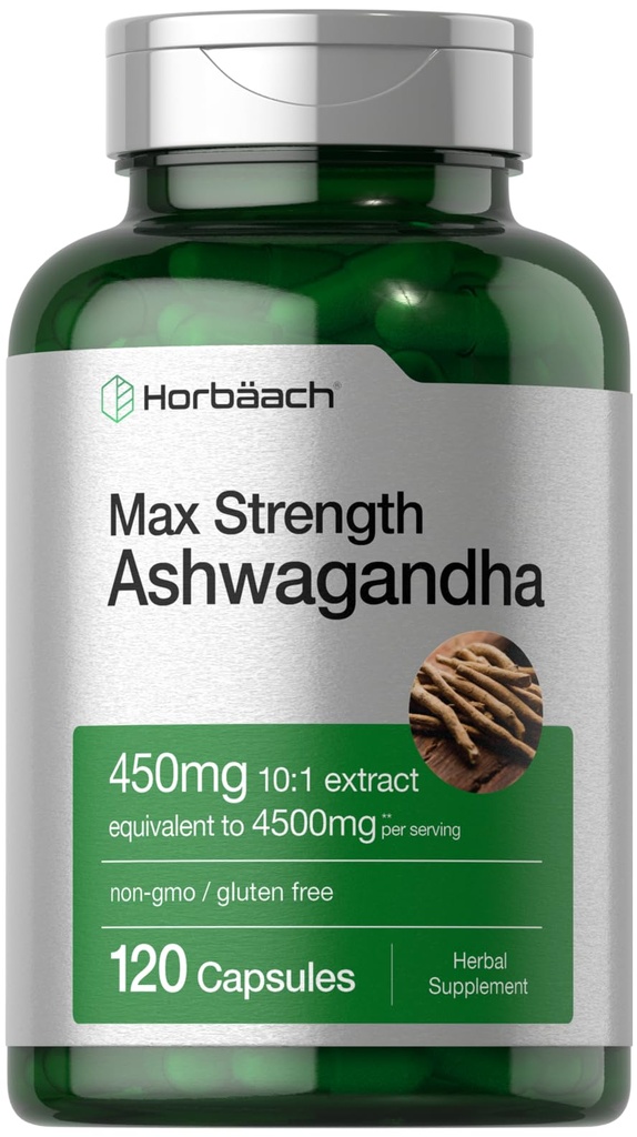 Horbäach Ashwagandha Supplement | Max styrke | 120 kapsler | Ikke-GMO, Glutenfri