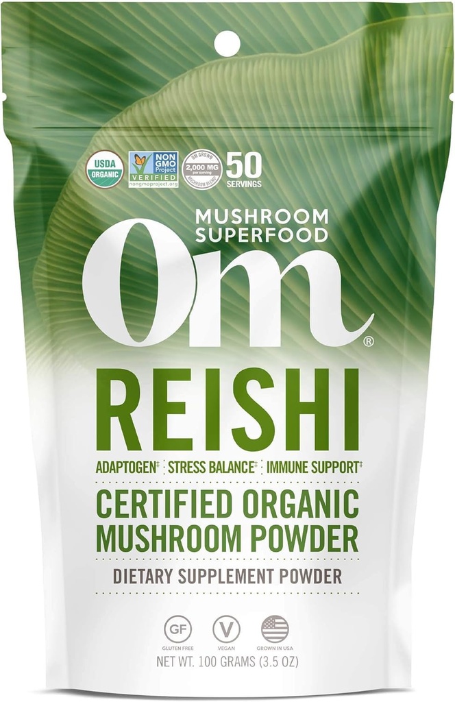 OM MUSHROOM SUPERFOOD Reishi Organic Mushroom Powder, 3,5 Ounce, 50 Serveringer, Adaptogen, Stress & Immune Support, Superfood Mushroom Supplement