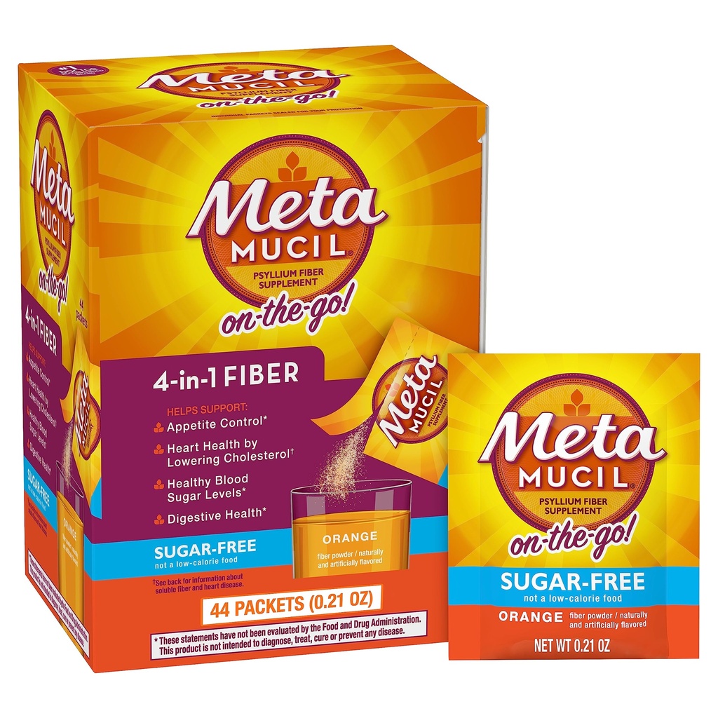 Metamucil On-the-Go pakker, sukker-fri, 44 pakker, 4-i-1 Psyllium Husk Fiber Supplement, Orange Flavored, Individuelle serveringer Flott for reise, Fiber Supplement for Digestiv helse og regelmessighet