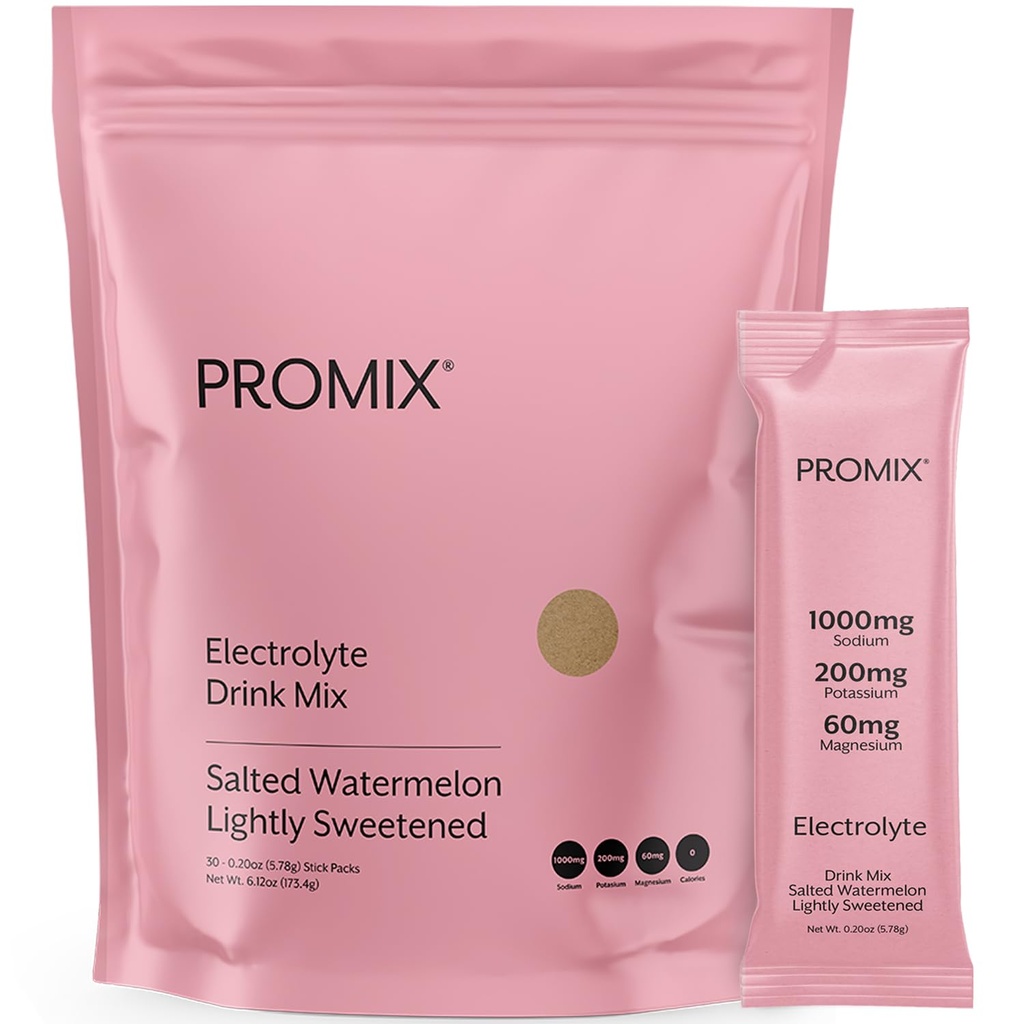 PrMix Nutrition Electrolytes Powder Hydration Packets - Himalayan Pink Salt, Magnesium, Kalium, Vitamin C - Saltet Vannmelon, lett søtet - 30 serveringer (Pack of 30)
