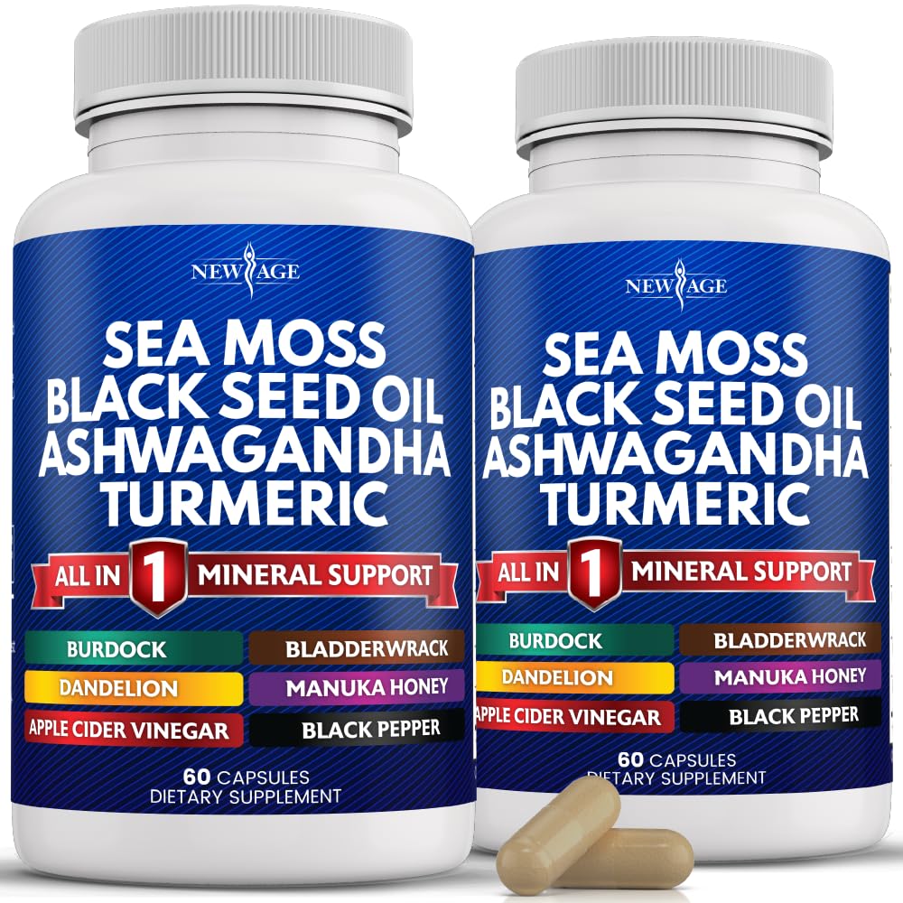 NEW Age Sea Moss Capsules Svart Seed Oil Ashwagandha Turmeric Bladerwrack Burdock - med Manuka, Honning Dandelion, ACV Black Pepper Glutenfri