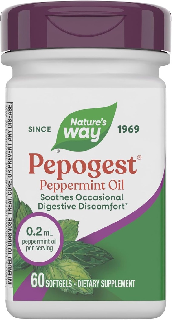 Naturens måte Pepogest Peppermint Olje, Sotter Av og til Gastrointestinal Discomfort*, Enterisk Coated Peppermint Olje Softgels, 60 Softgels (Packaging May Vary)