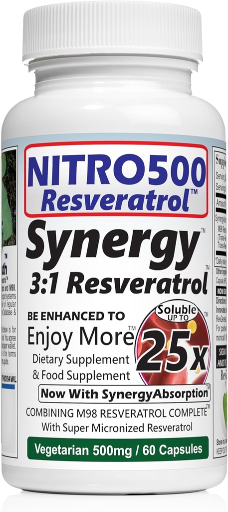 Nitro Synergy Resveratrol (Nitro500) med opptil 25x solubility - 60 vegetariske kapsler - 30 serveringer - 500 mg per servering