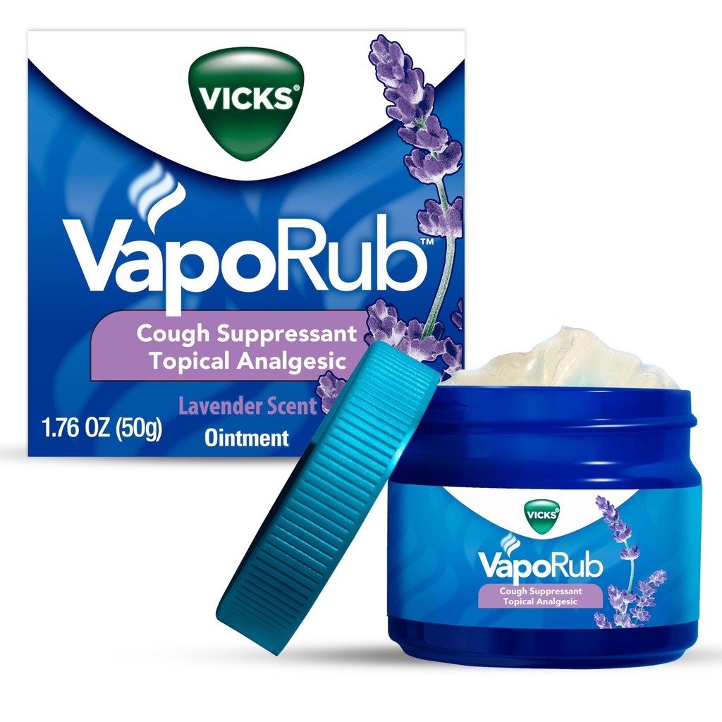 Vicks VapoRub, Lavender Scent, Cough Suppressant, Topical Chest Rub & Analgesic Ointment, Medisinerte Vicks Vapors, Relief fra Cough På grunn av kulde, smerter og smerter, 1.76oz