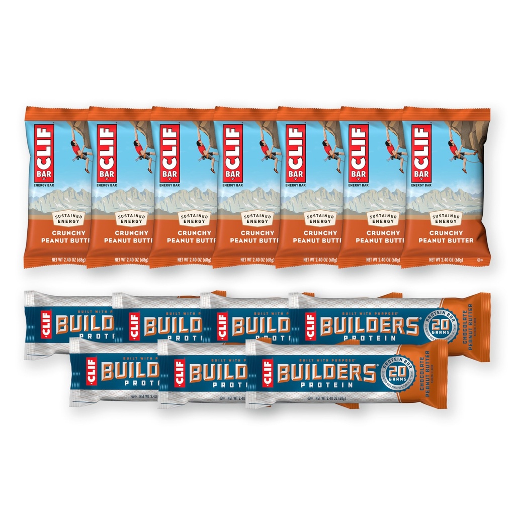 CLIF BAR og CLIF Buildere - Variety Pack - Crunchy Peanut Smør og sjokolade Peanut Smør - Energibarer og Protein Bars - Ikke-GMO - Plant Basert - 2.4 oz. (14 Count)