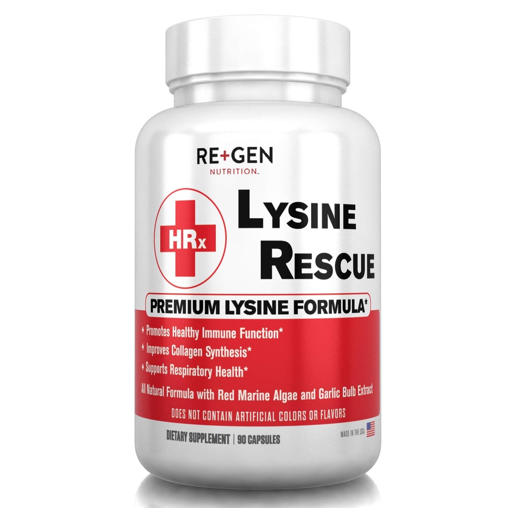 Re+Gen Ernæring Lysin Rescue, Aminosyre Supplement for sterkere immun helse og kollagensyntese hos kvinner og menn, fremmer lepper og hud helse, naturlig, ren L-lysin, 90 kapsler, 45 dagers forsyning