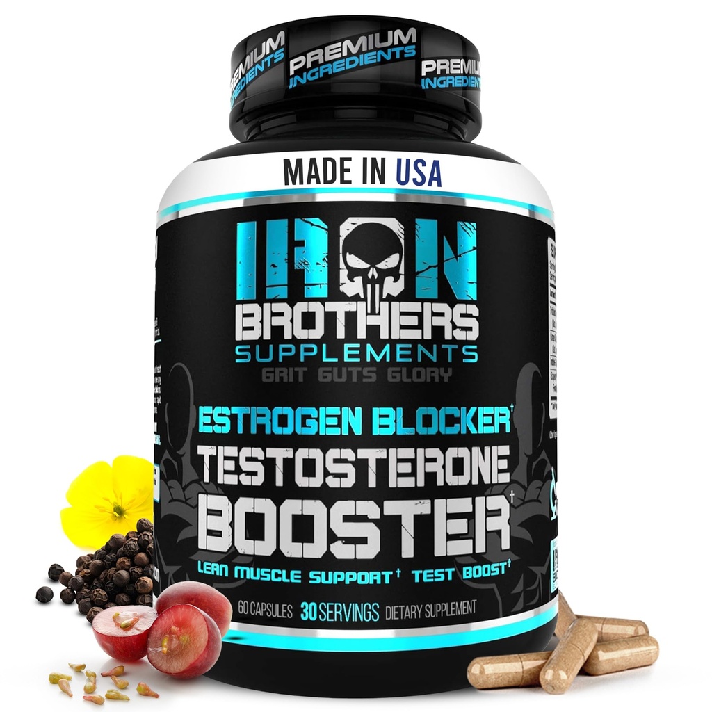 Jern Brothers Supplements Testosteron Booster for menn med østrogenblokker - Anti-østrogen kosttilskudd - Grapefrø og tribulus terrestris – pakke med 60 kapsler – Muskelvekst Boost - 30 dager