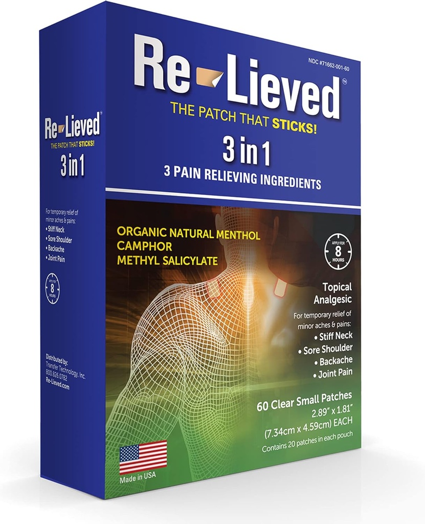 Re-Leved 3-i-1 Patches - Organic Natural Menthol, Camphor og Metylsalicylat - Superior Sticking Klar smertepatch - Aluminium-fri, Vann Resistent og USA laget - 60 Tell