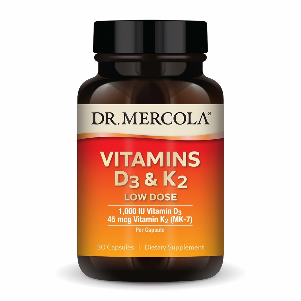 Dr. Mercola Vitaminer D3 & K2 Lav Dose - opprettholde vitamin D nivåer - støtter immun- og bein helse - MenaQ7 Chickpea-kildet K2 - Ikke-GMO, Glutenfri og soya-fri - 30 Kapsler (30 Serveringer)