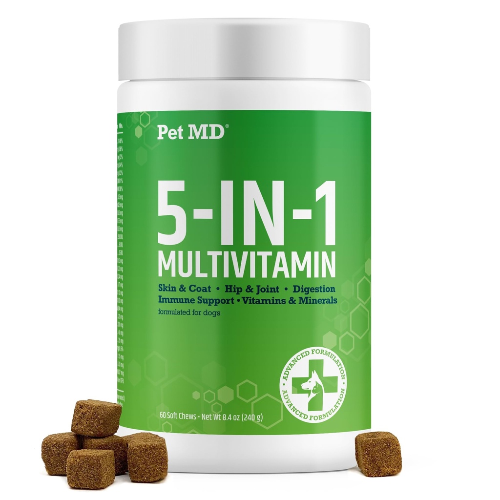 Kjæledyr MD 5in1 Hund Multivitamin - 30 essensielle vitaminer, mineraler og næringsstoffer for huden og Coat, Hip & Joint, Digestion, Senior Dog & Puppy vitaminer - Glukosamin, Omega 3 6 9, & Probiotika - 60ct
