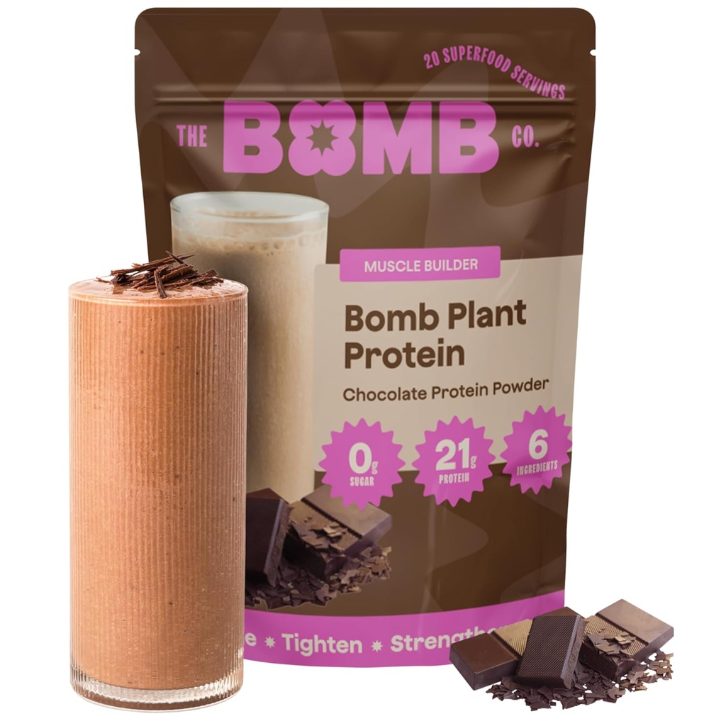 Bomb Co. Bomb Plant Protein, Protein pulver med 21g Protein, Aminosyrer, Null sukker, Era Protein, Cocoa, Chia frø, Pumpkin frø, Vanilla & Monk Frukt, Glutenfri, Sjokolade Flavor, 20 Srvgs
