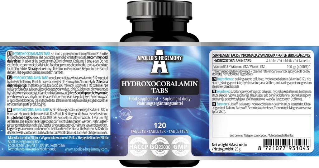 Hydroxocobalamin 100 μg per servering - vitamin B12-120 Vegan tabletter - 480 Serveringer - Støtter nervesystem og reduserer tretthet - Kosttilskudd av Apollos Hegemoni