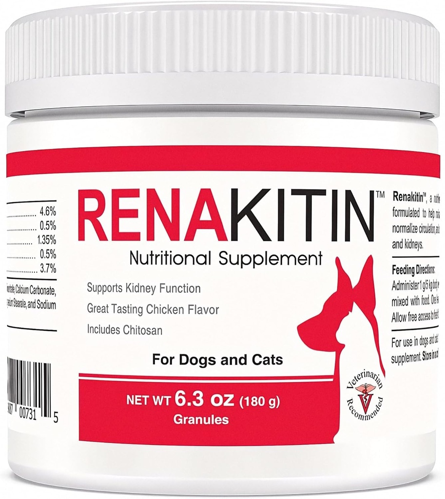 Renakitin Nyre Kosttilskudd for hunder Katter - Inneholder chitosan og kalsiumkarbonat, støtte Optimal Nyre funksjon, Great Tasting Kylling Flavor, 6,3 oz