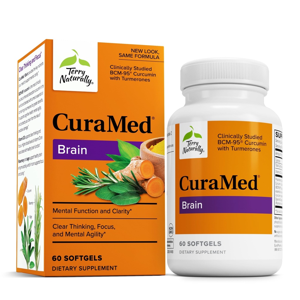 Terry Naturally CuraMed Brain - Kosttilskudd for å støtte klarhet og fokus - Brain Helse Supplement med curcumin & gurkemeie essensiell olje til å hjelpe konsentrasjon - 60 Softgels
