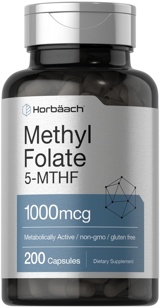 Horbäach Metyl Folat Supplement | 1000 mg | 200 kapsler | 5-MTHF | Folsyre | Ikke-GMO, Glutenfri Metylfolat