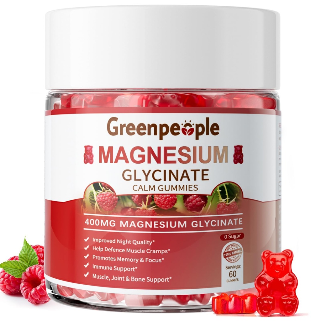 GREENPEOPLE Magnesium Glycinate Gummies 400mg - Sukkerfri magnesiumkalium Supplement med magnesiummalat, vitamin D, B6 og CoQ10 for rolig støtte og søvn for voksne - Bringebær Gummies