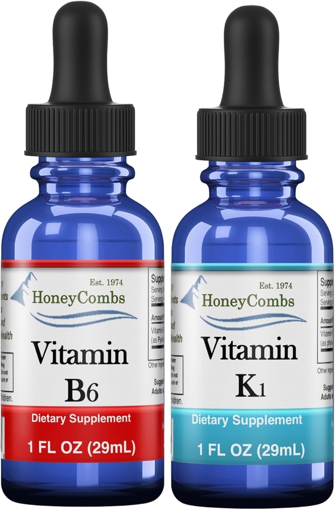 HoneyCombs Vitamin B6 & K1 Drops - flytende pyridoksin & vitamin K ekstrakter for vegansk, støtter generell helse, ikke-GMO vitamin flytende ekstrakt, 1 fl oz Hver